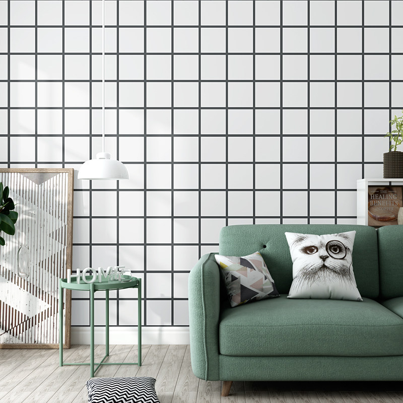 北欧ins风壁纸背景墙黑白格子几何网红奶茶店工作室服装店墙纸