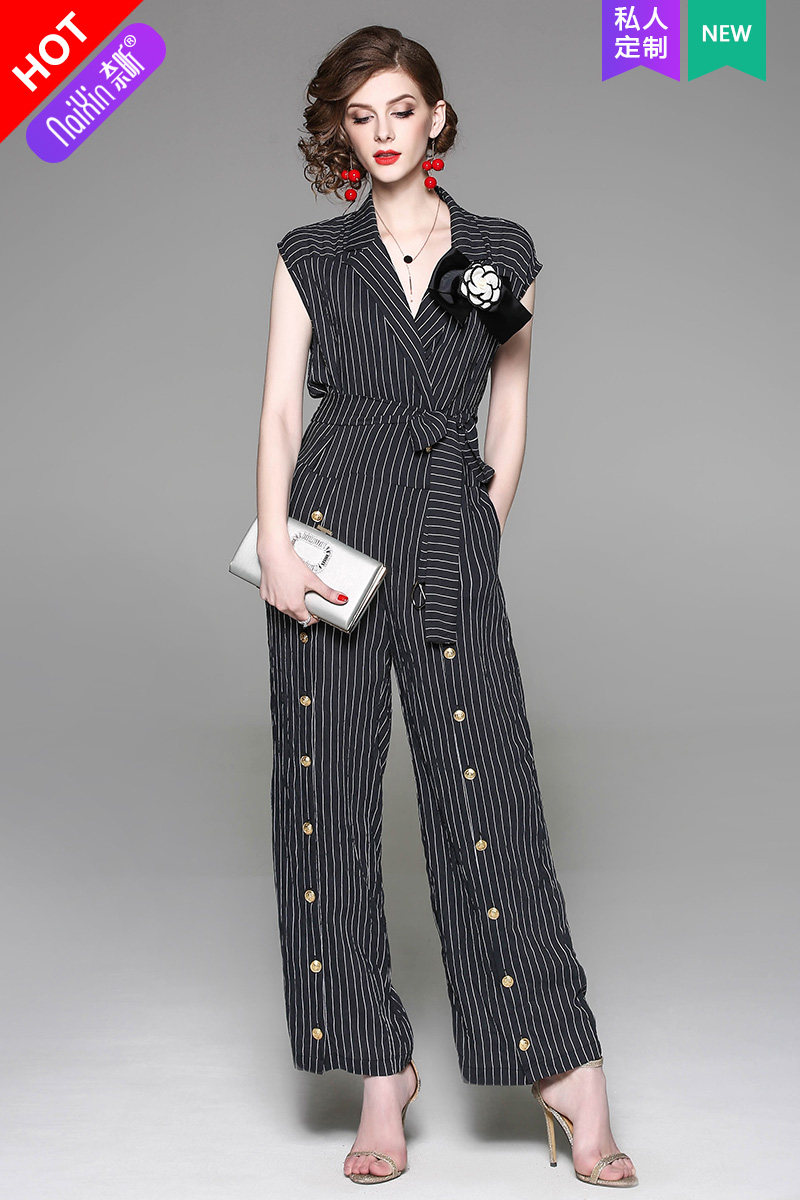 奈昕定制130928街头潮流端庄条纹短袖收腰长款休闲裤