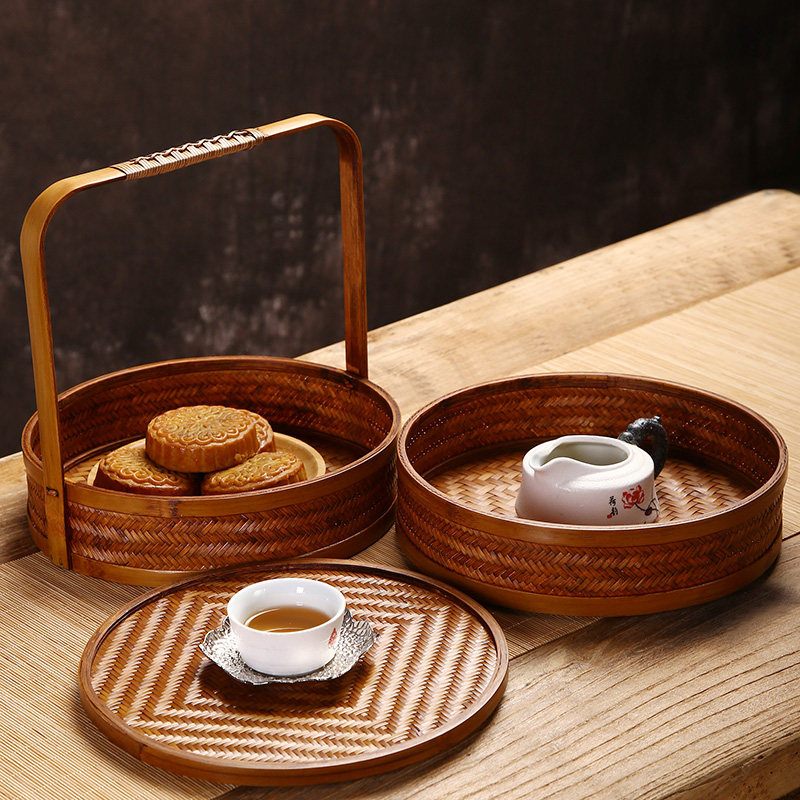 手工竹编复古食盒仿古月饼茶具收纳糕点盒送餐竹编