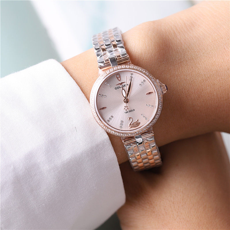 新款golgen古尊女表18k小天鹅女士石英表镶钻时尚国产腕表