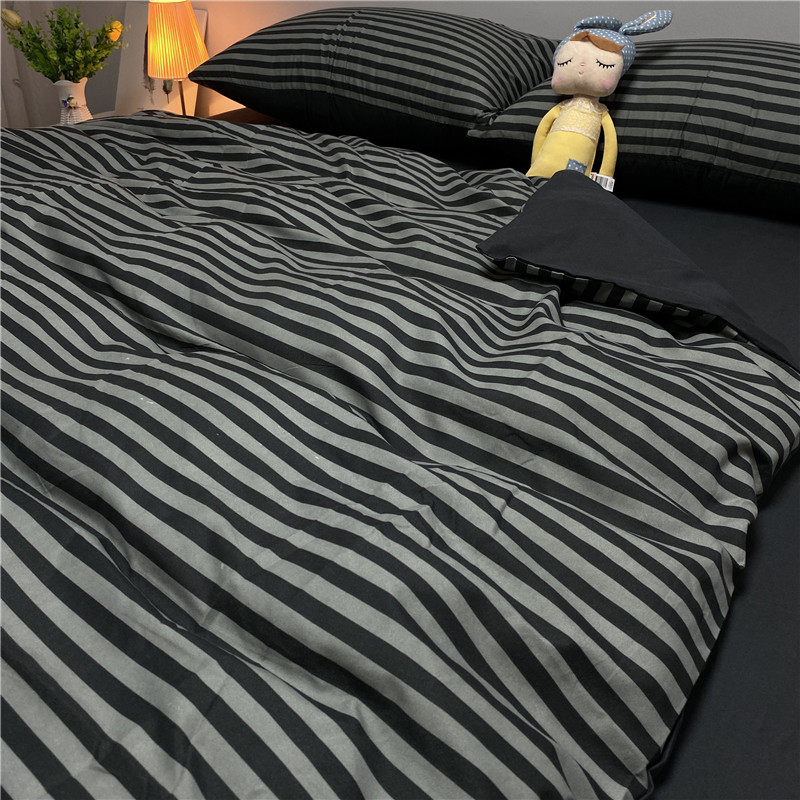 件套北欧欧风简约男士四件黑色条纹被套床单床品套件