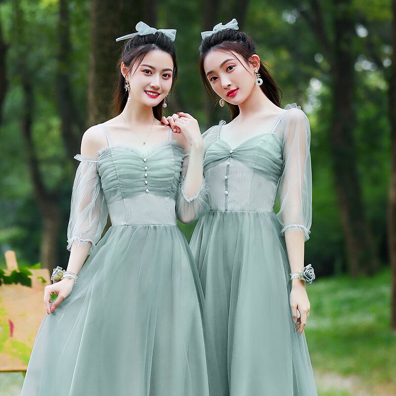 伴娘礼服女2021新款长款平时可穿婚礼姐妹团仙气质裙绿色森系冬季