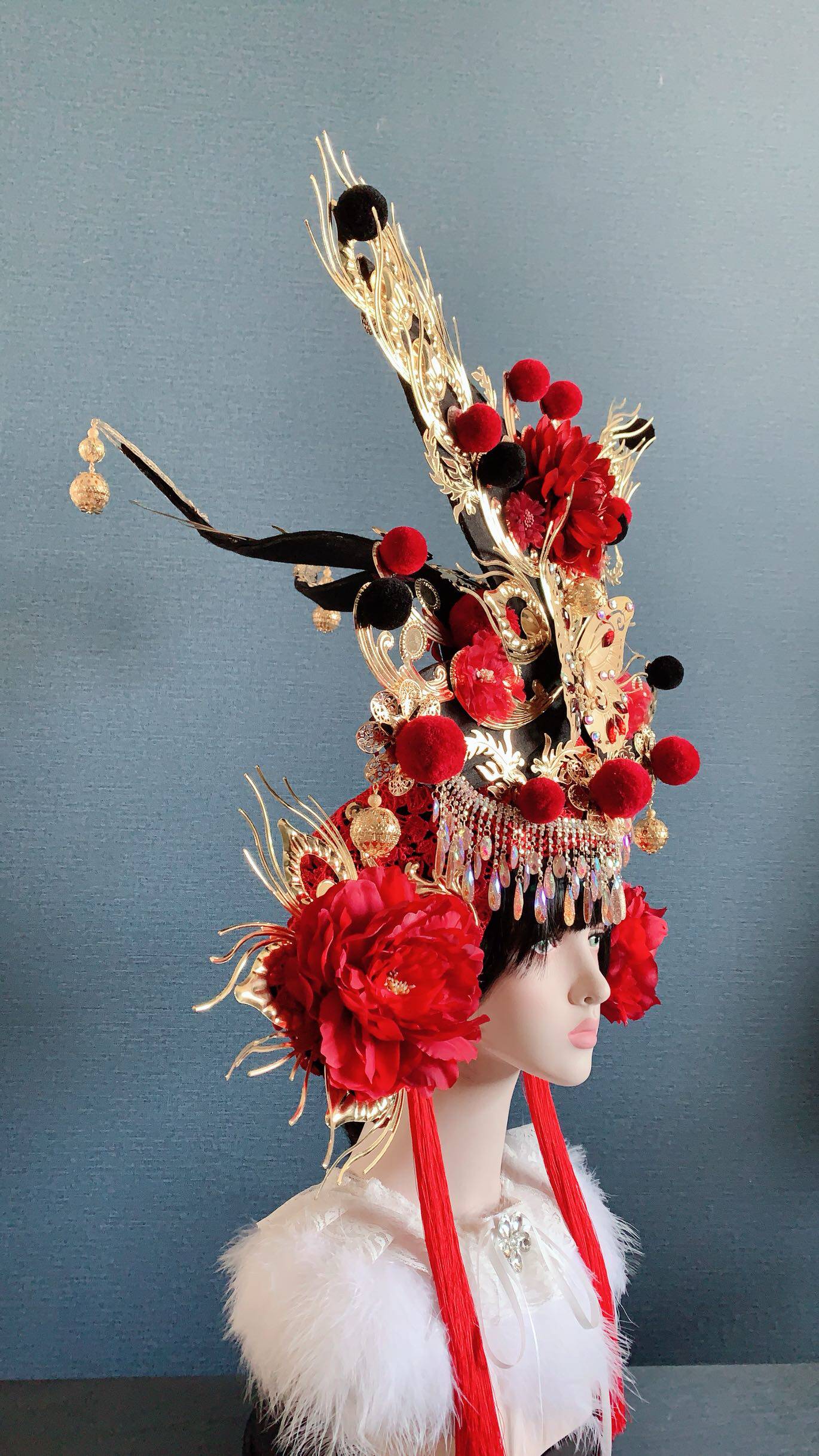 影楼创意新娘红色化妆比赛夸张走秀国潮头饰发饰