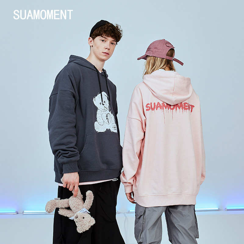 suamoment血爪抓痕毛线小熊帽嘻哈宽松潮流情侣国潮连卫衣