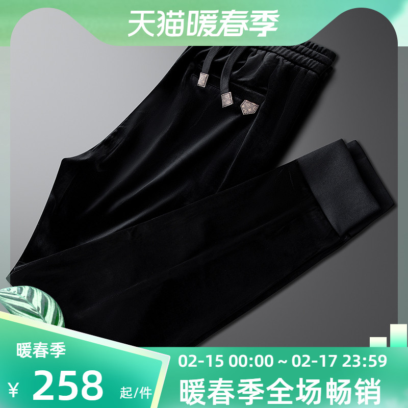 轻奢金丝绒休闲运动裤男修身小脚冬季保暖厚款百搭束脚收口长裤子