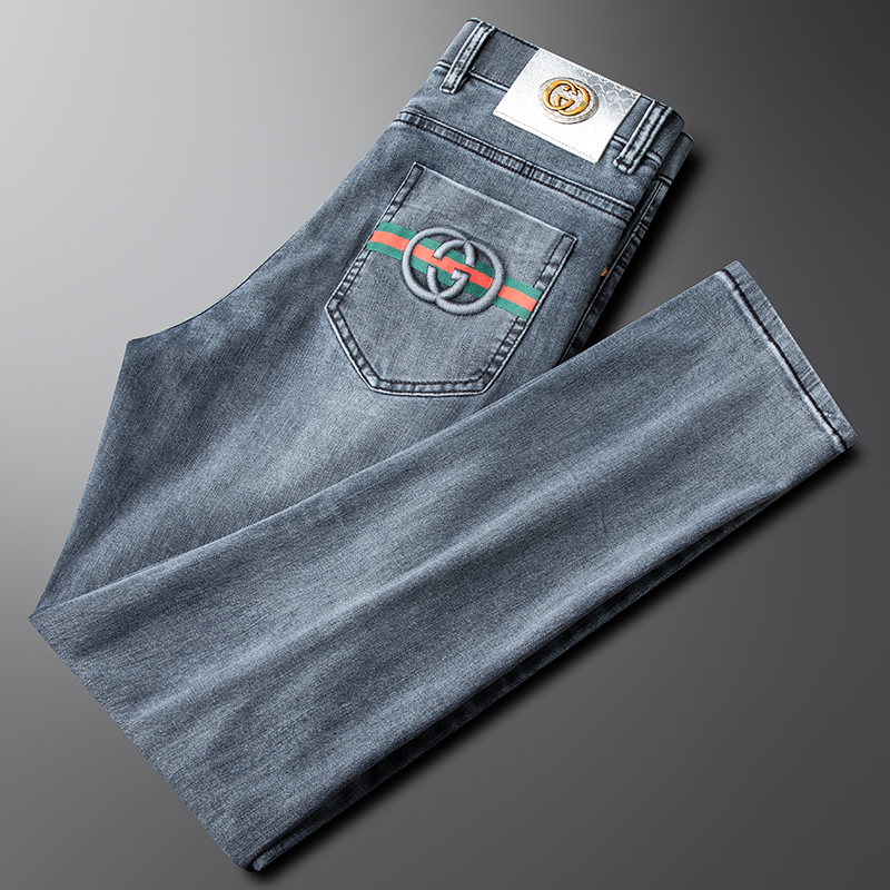 轻奢高端弹力水洗直筒牛仔裤男新疆棉修身欧货夏季潮牌小脚长裤