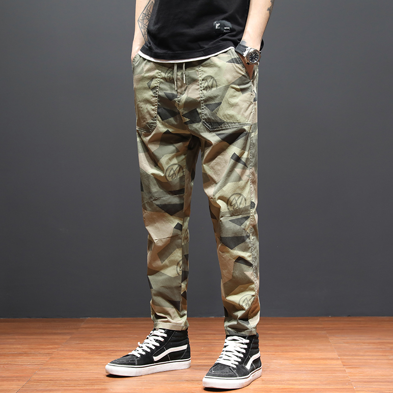秋季休闲工装裤男松紧腰迷彩裤子男士潮牌宽松直筒哈伦裤运动男裤