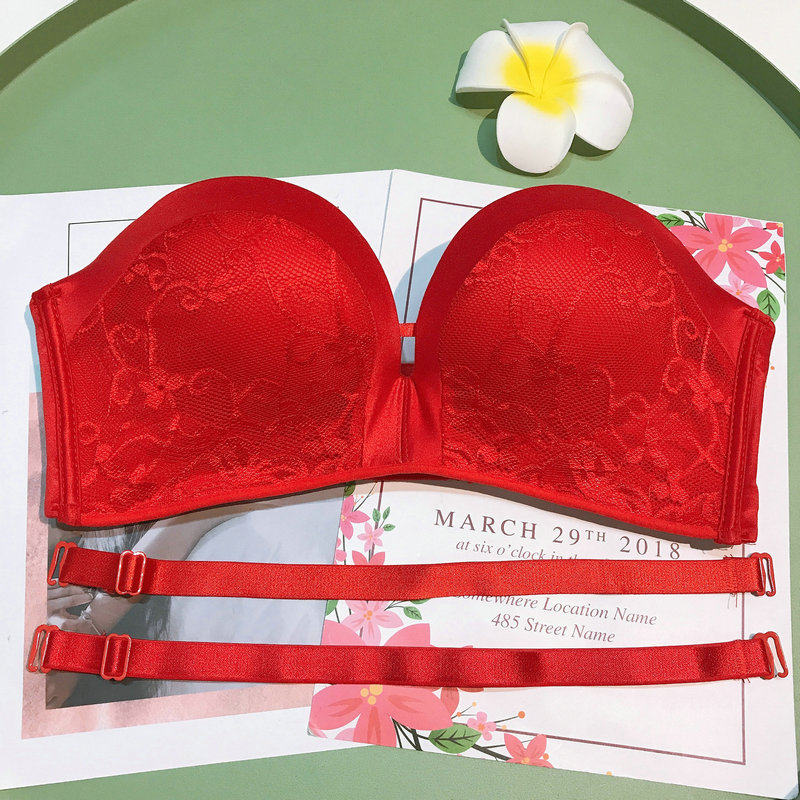 红色婚纱肩带结婚新娘礼服内衣防滑小胸聚拢文胸套装