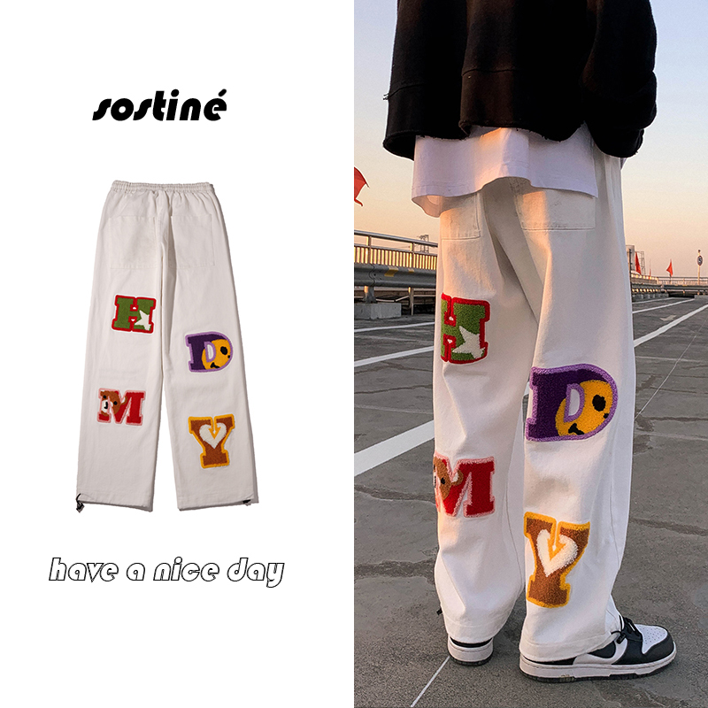 国潮vibe风裤子男宽松直筒春秋白色牛仔裤刺绣潮牌嘻哈高街阔腿裤