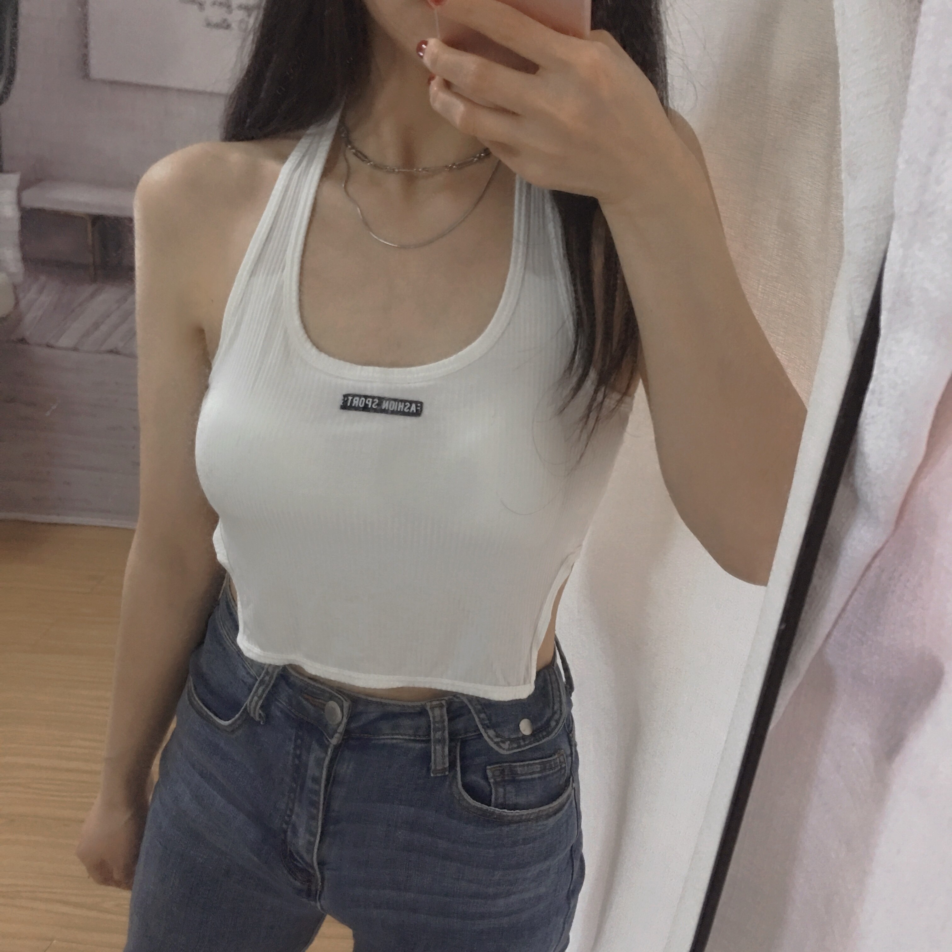 春夏挂脖式美吊带背心潮流时尚黑白性感露腰弹力背心吊带