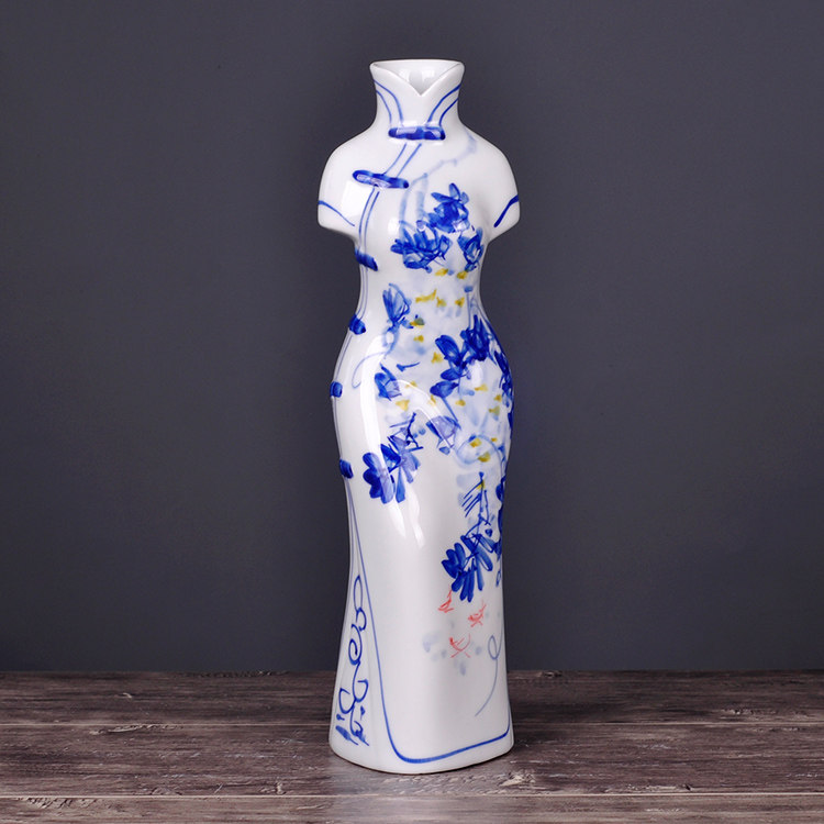景德镇陶瓷器创意青花瓷旗袍美女花瓶插花家居客厅花瓶