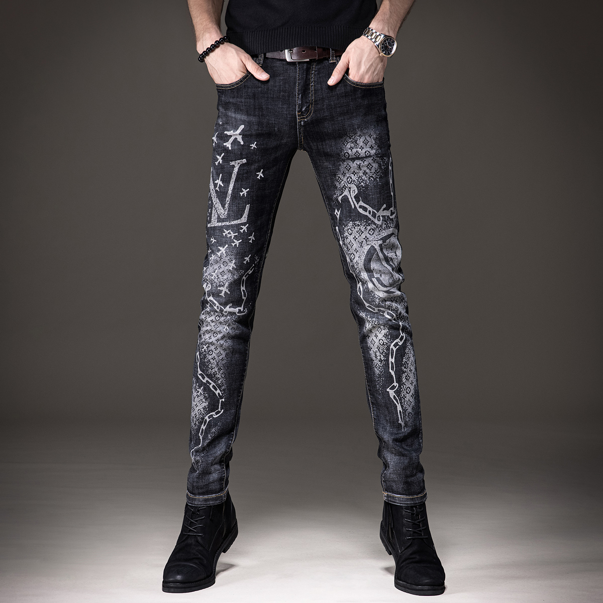 贵色春夏高端印花牛仔裤男欧美潮牌弹力修身小脚潮流休闲长裤子男