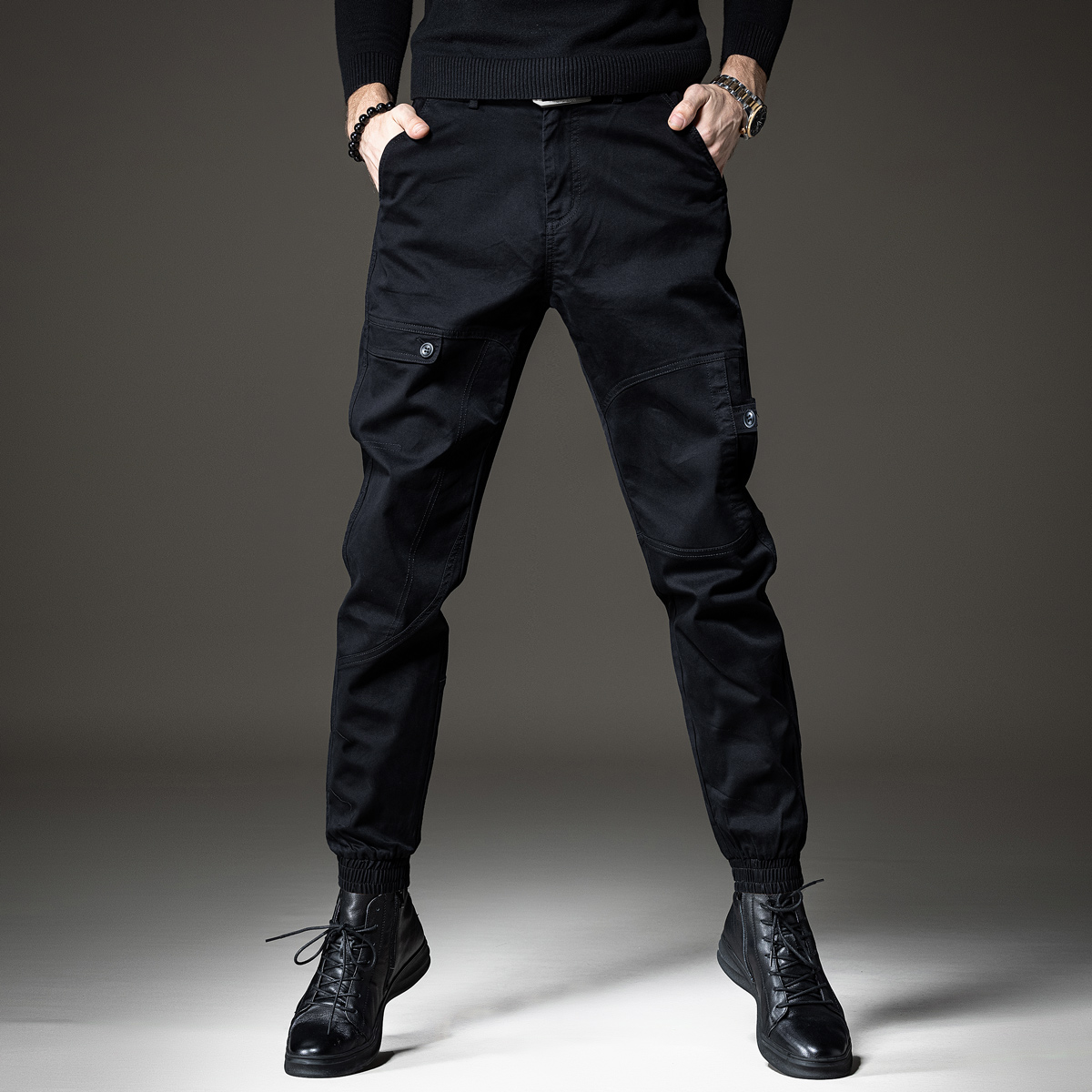 贵色高端工装休闲裤男秋季新款裤子男宽松大码潮牌哈伦直筒束脚裤