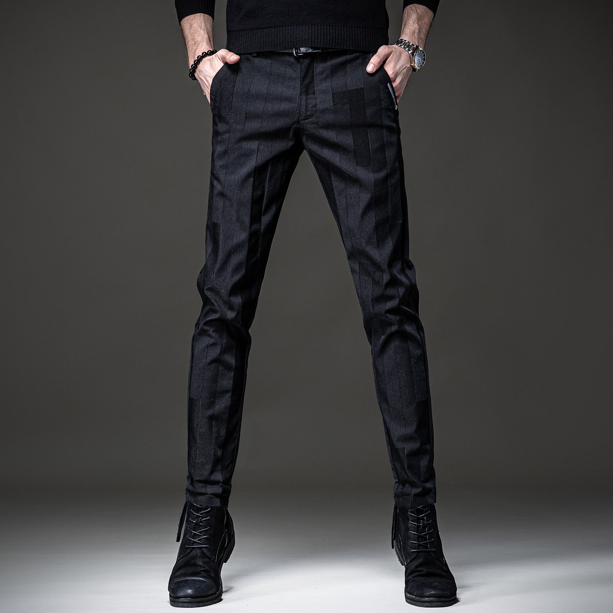 贵色原创潮牌春夏条纹休闲裤男修身小脚韩版潮流黑色新款长裤子男