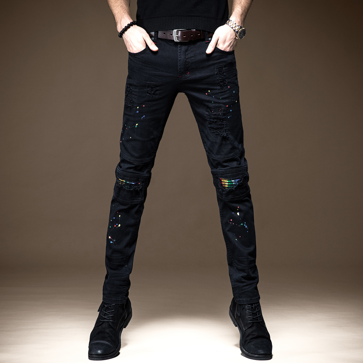 嘻哈泼墨新款牛仔裤男修身小脚韩版潮流欧美潮牌破洞补丁裤子男士