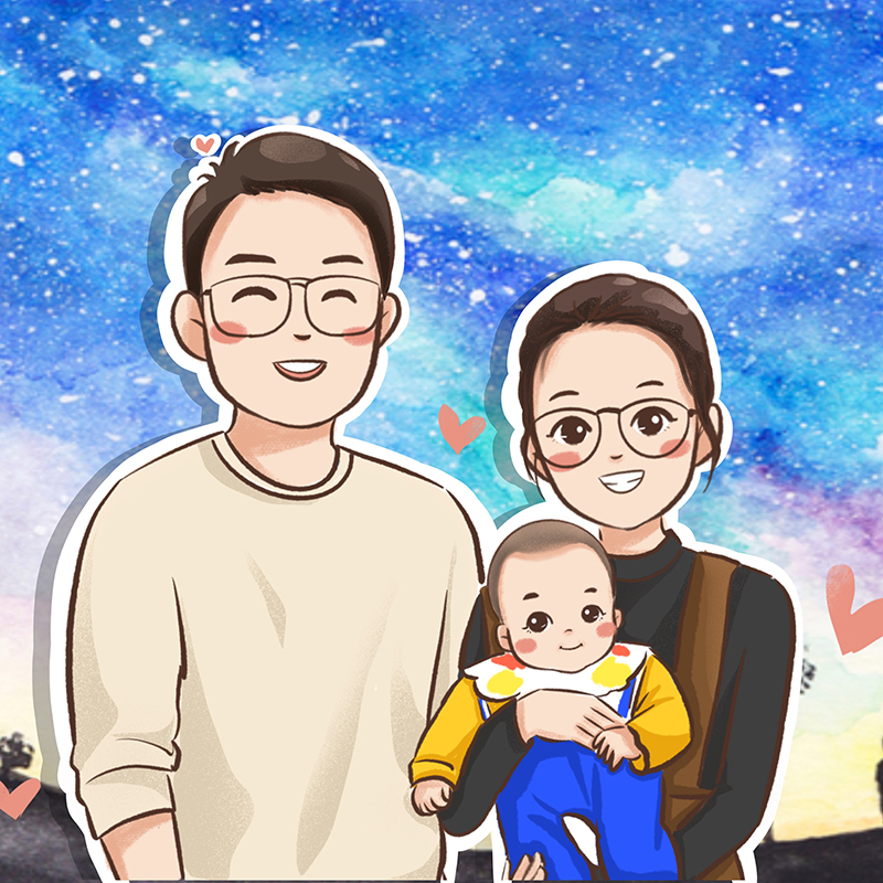 蜡笔笔风可爱卡通情侣头像全家福真人宠物照片转纯手绘真人漫画