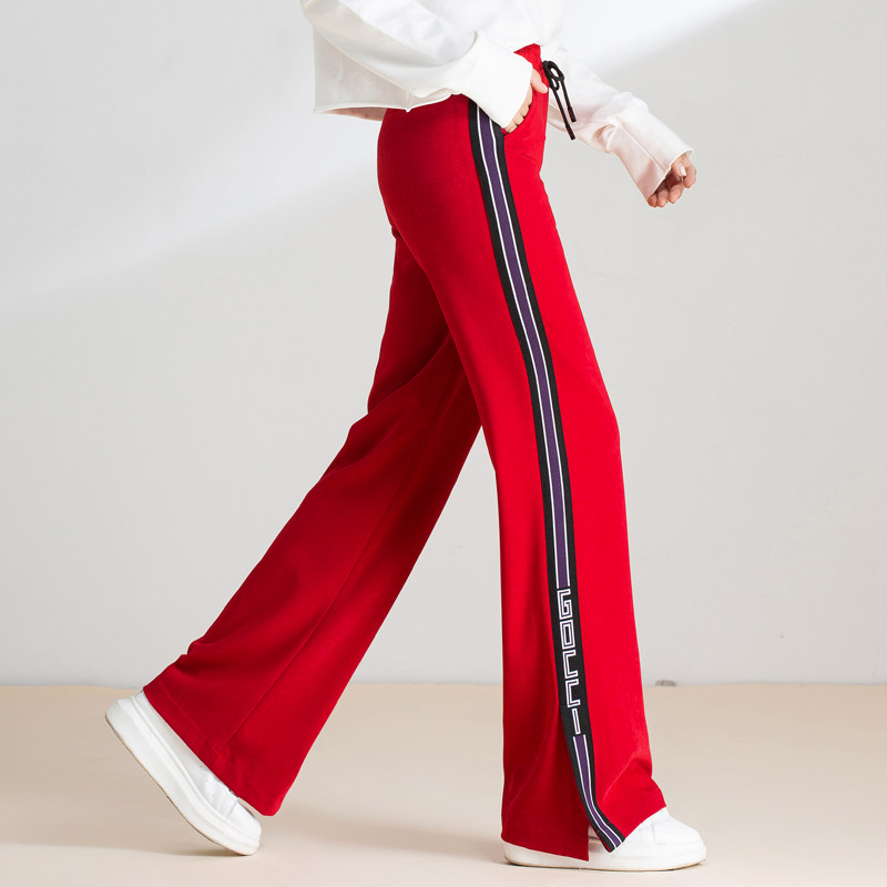 红色休闲运动裤女2021新款春直筒高腰宽松松开松紧休闲裤