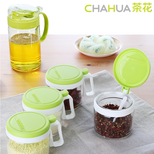 Camellia kitchen seasoning box seasoning jar combination set glass salt shaker household plastic seasoning bottle storage box Camellia kitchen seasoning box seasoning jar combination set glass salt shaker household plastic seasoning bottle storage box