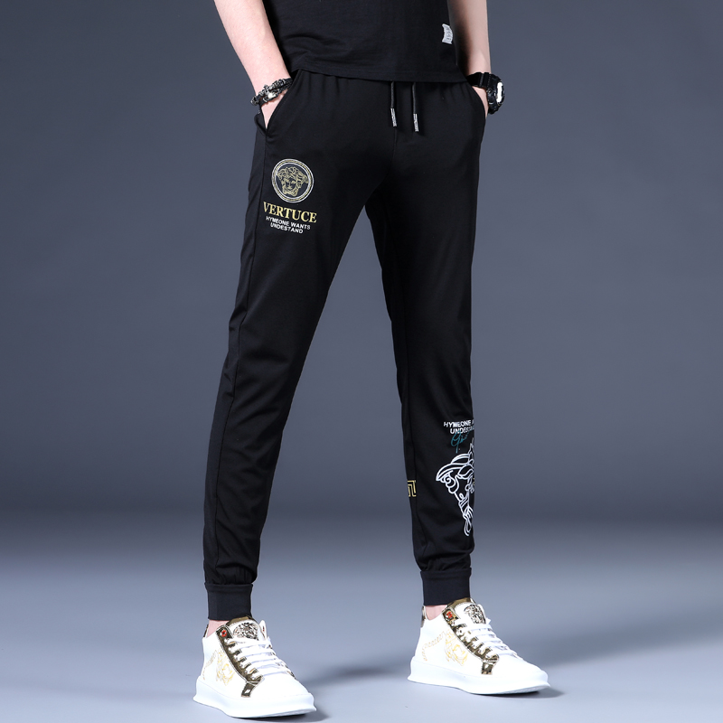 夏季超薄高端休闲裤男新款潮牌高弹修身束脚黑色印花薄款冰丝裤子