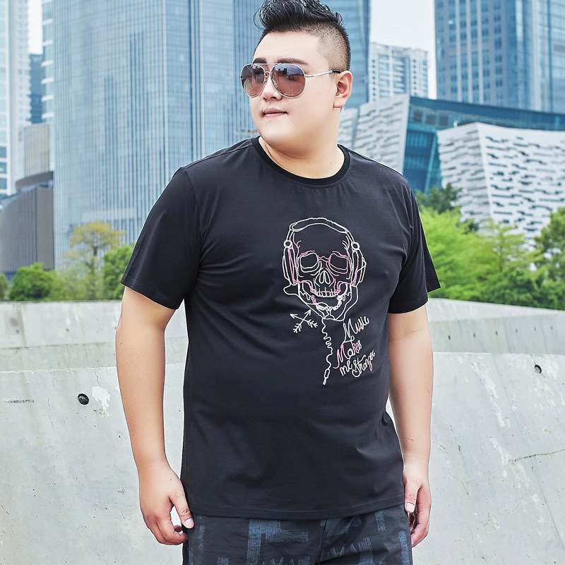 潮牌半袖纯棉加大加肥男士短袖胖子头短骷髅t恤