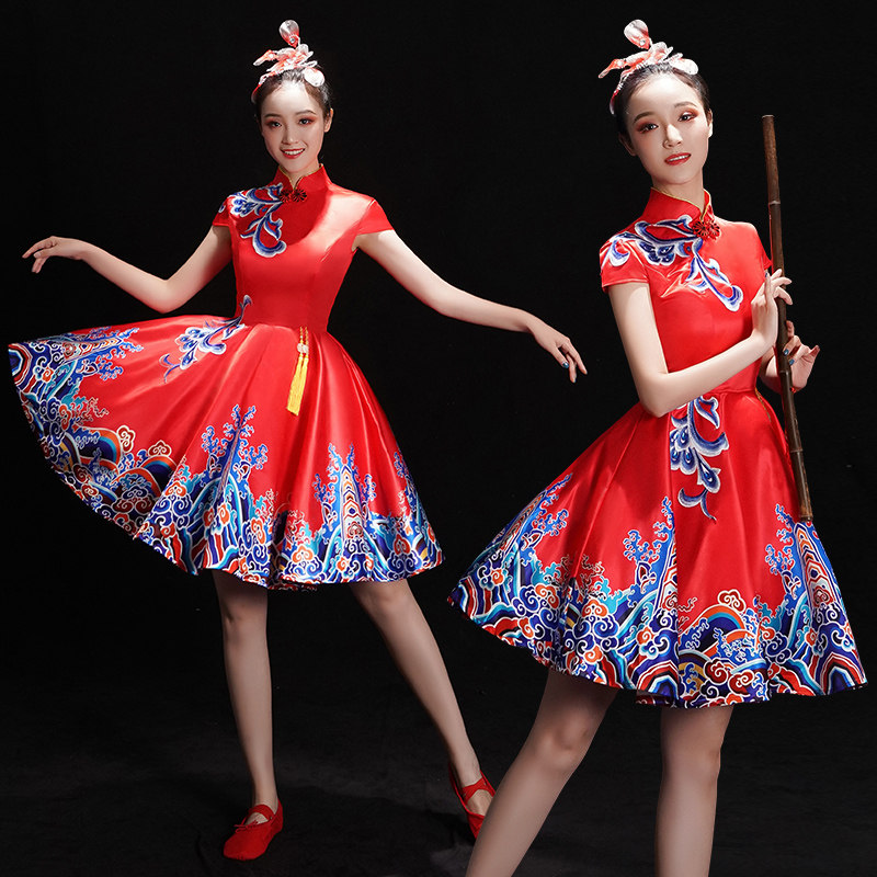 古典快板演出服女服服装中国国风红色打鼓表演民族服装