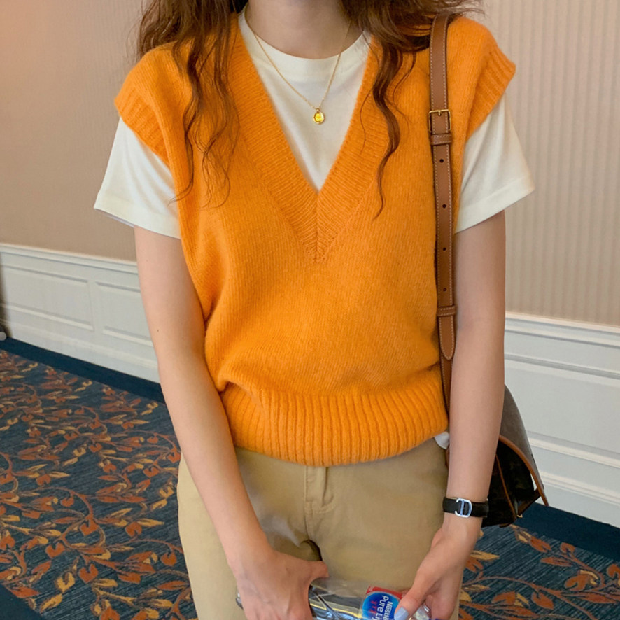 橙色女外套马甲针织短款外穿坎肩毛坎肩百搭学生马夹