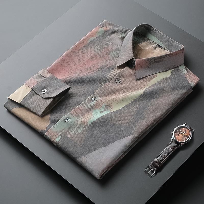 2023轻奢春秋男士韩版时尚水彩墨印花长袖衬衫休闲修身个性衬衣潮