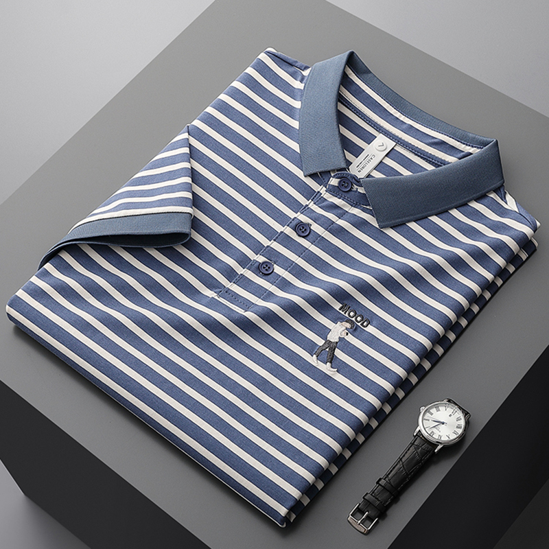 夏季薄款珠地棉条纹polo衫短袖宽松潮流商务男士夏装刺绣T恤衫