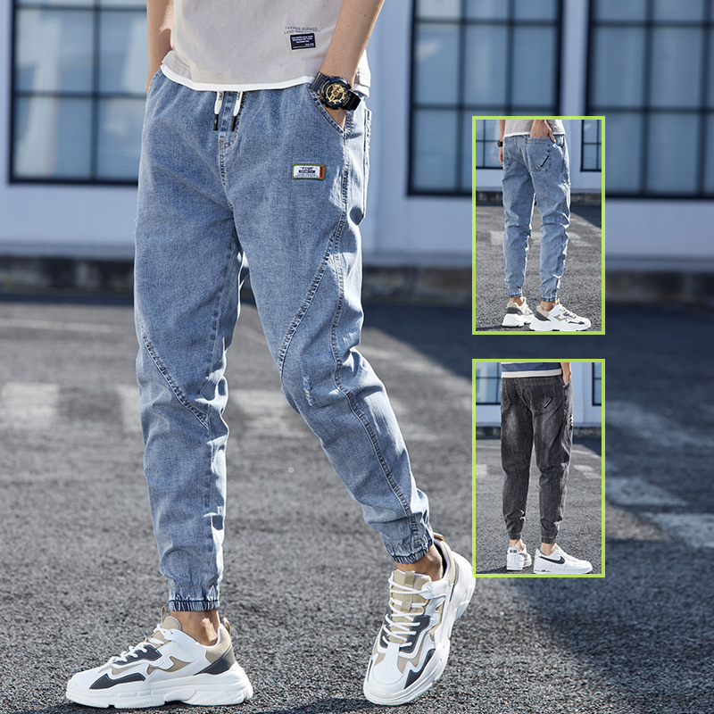 2022年新款牛仔裤男士夏季薄款修身哈伦工装裤潮牌束脚休闲长裤子