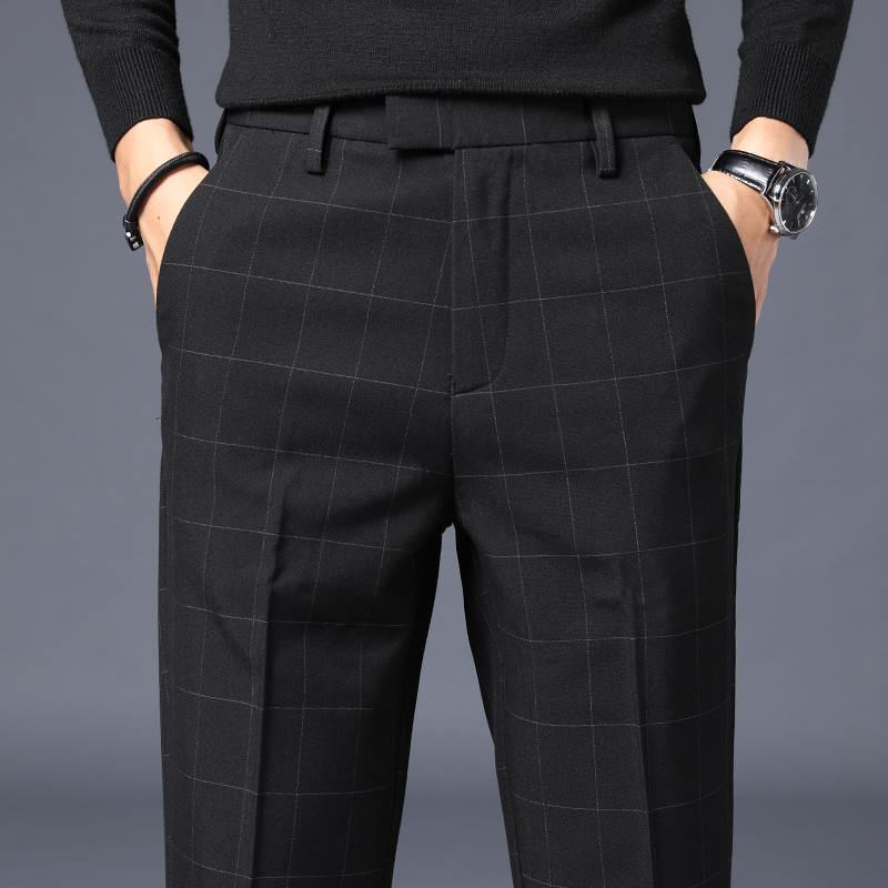 2022年新款男士休闲裤夏季薄款修身弹力格子小西裤直筒宽松长裤子