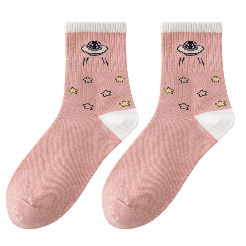 粉色袜子女中筒袜春秋ins潮纯棉可爱日系太空人秋季韩国卡通长袜
