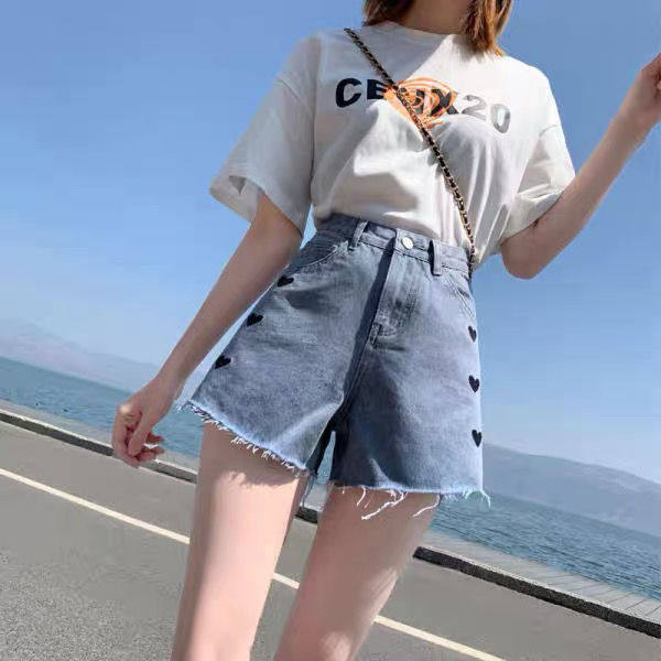爱心牛仔短裤女夏2021年新款超高腰显瘦宽松网红阔腿a字热裤潮ins