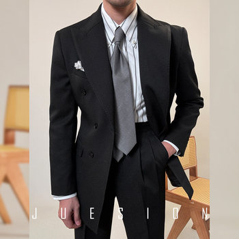 JUESION Italian double-breasted suit men's lapel collar black business wedding banquet blazer