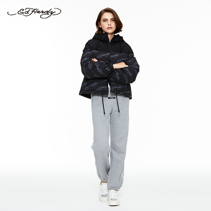 edhardy官方正品时尚经典logo印纹保暖连帽女士羽绒服