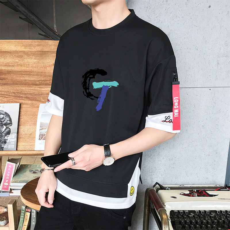 夏季短袖恤男中学生夏装休闲宽松五分半袖衣服t恤