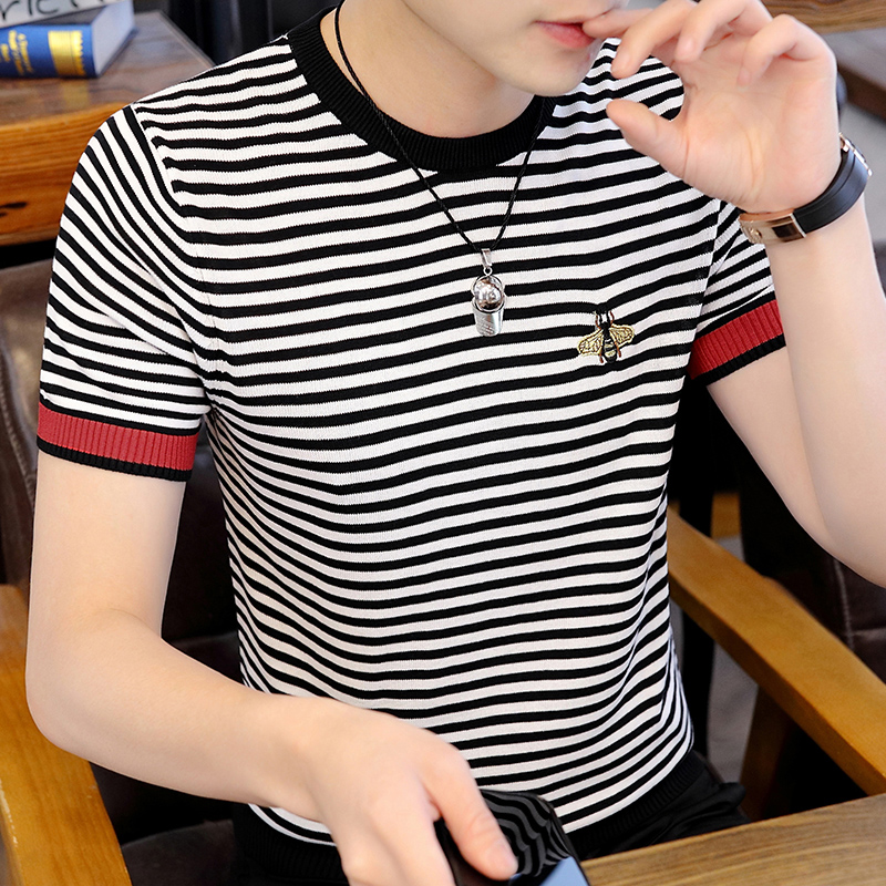 条纹冰丝针织衫短袖t恤男2022夏季新款潮流透气青年半袖男装上衣