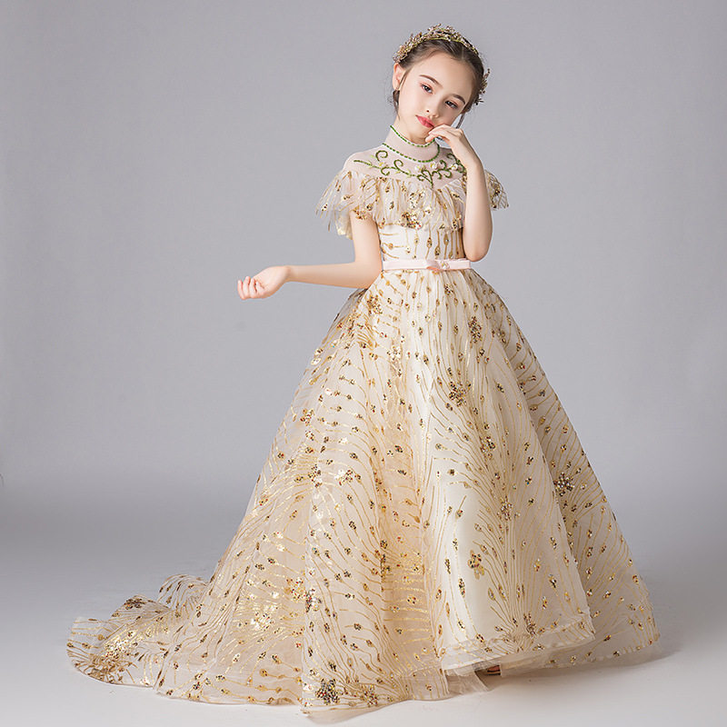 十岁小孩子红毯走秀婚纱拖尾公主裙夏女童生日儿童礼服