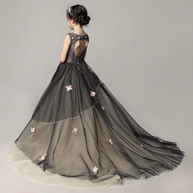 儿童十岁生日晚礼服超长拖尾露背小女孩主持走秀儿童礼服