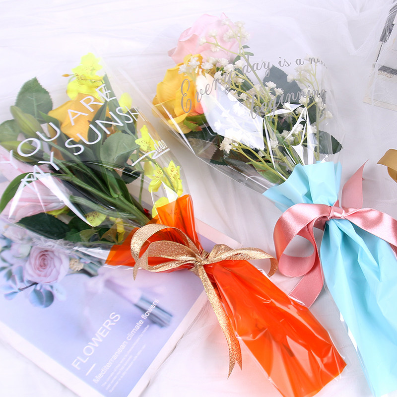 新品情人节玫瑰玫瑰花花束英文多支袋透明玻璃鲜花花艺包装纸