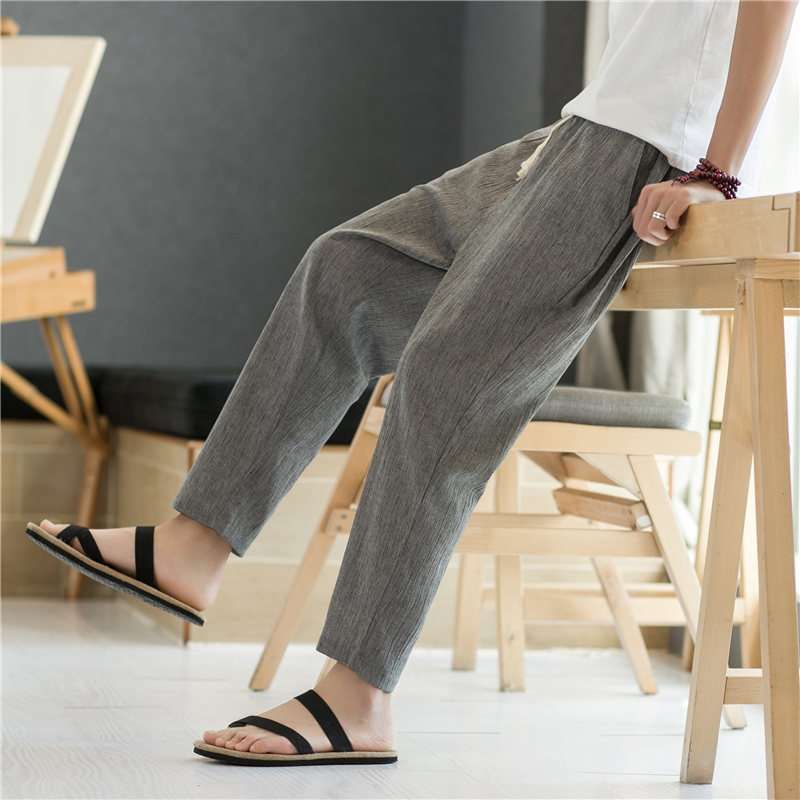 裤子男夏季薄款九分裤男士冰丝裤休闲运动亚麻裤宽松棉麻9分裤夏