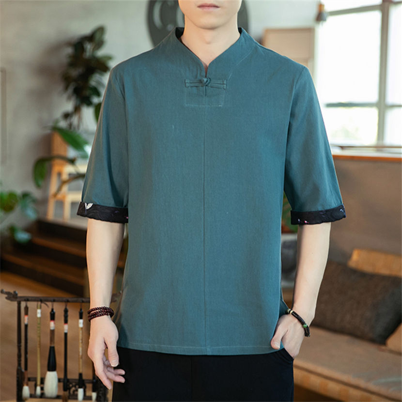亚麻短袖t恤男中国风汉服棉麻上衣夏季宽松体恤纯色打底衫半袖男