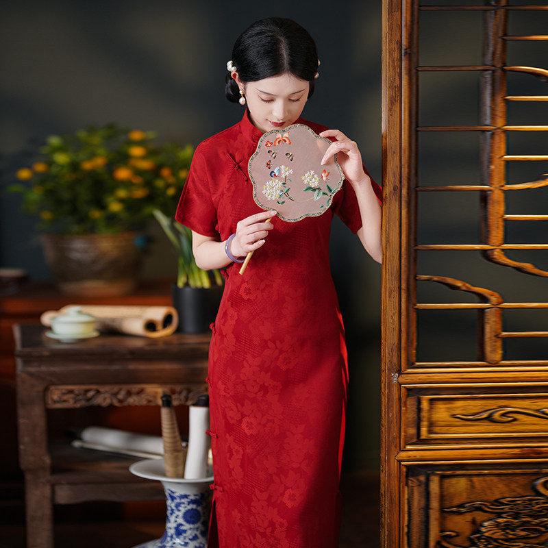 红色古法全开开襟旗袍一片片式无省民国少女旗袍