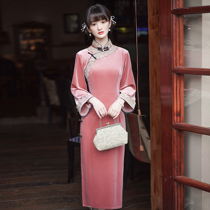 秋冬优雅范优雅淑女高端气质倒大粉色国风民国旗袍