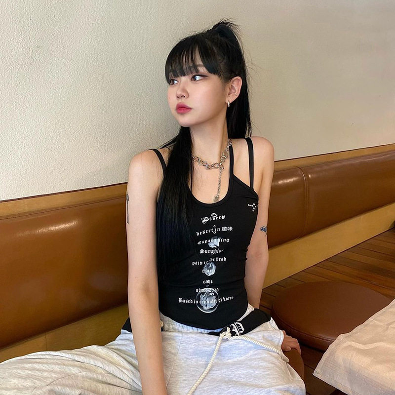 港味少女纯欲辣妹音乐节字母印花挂脖吊带背心背心吊带