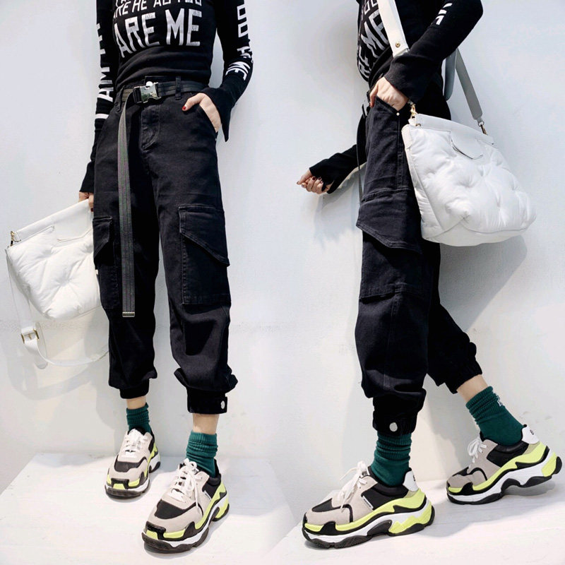 ins休闲裤休闲chic束脚超火工装裤女哈伦宽松牛仔裤