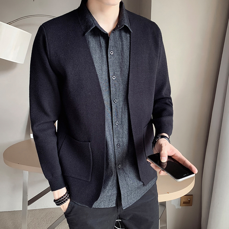 2022春秋季男士假两件针织开衫休闲上衣韩版潮流衬衫领外套男毛衣