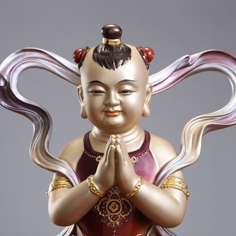圆通工艺纯铜金童玉女摆件佛前招财散财童子龙女摆件