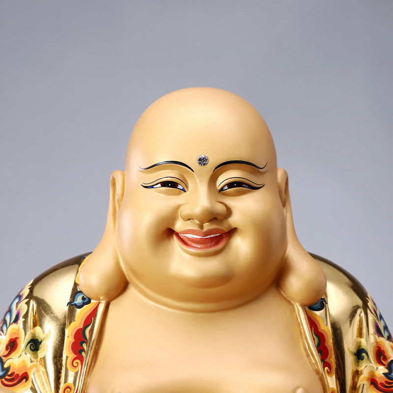 佛像弥勒圆通佛具贴金纯铜大肚彩绘笑佛供奉摆件