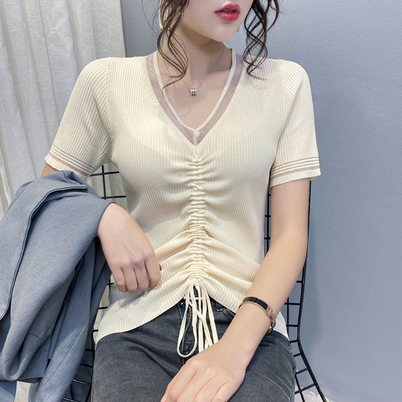 v领冰丝网纱抽绳短袖针织衫春夏季新款女士修身薄款内搭打底上衣