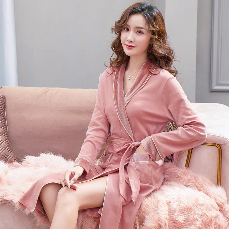 睡袍女士春秋长袖纯棉长款浴袍睡衣全棉秋冬睡袍